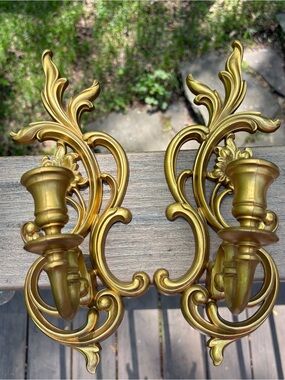 Syroco Gold Wall Sconce Candle Holders 13” VTG MCM Set Pair 2 3933 Hollywood Reg